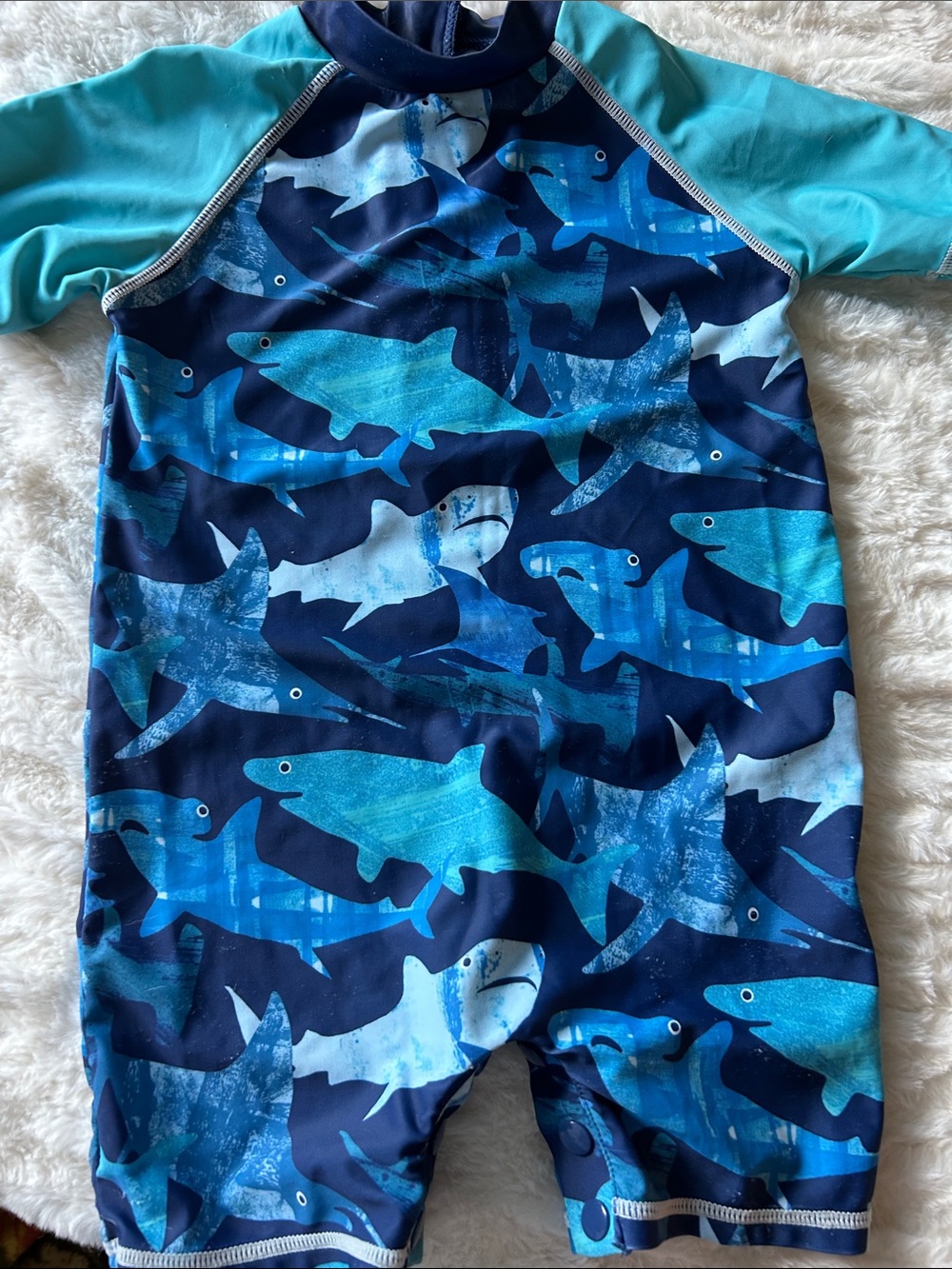 Andy & Evan Blue Shark-Print Short Sleeve Swim Romper